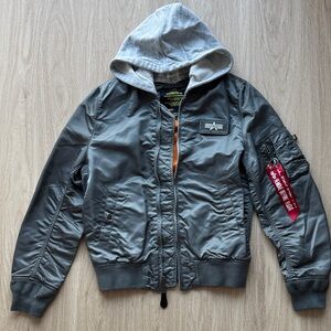 Alpha Industries Gray MA-1 Bomber Jacket with Detachable Hood